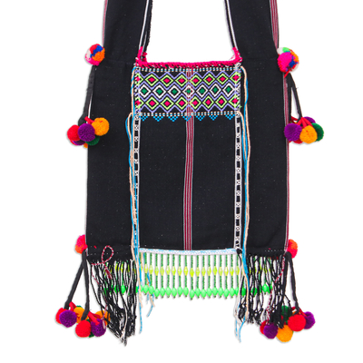 Bolso bandolera de algodón con pedrería - Bolso de hombro de algodón negro hecho a mano con detalles coloridos
