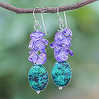 Serpentine dangle earrings, 'Forest Glade' - Serpentine and Purple Glass Bead Dangle Earrings