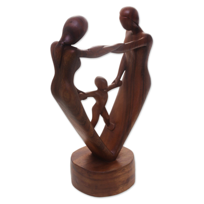 Escultura de madera - Estatuilla de Madera de Suar Bendición de Padres e Hijos Tallada a Mano