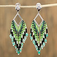 Agate waterfall earrings, 'Green Diamond' - Glass Beaded Green Agate Waterfall Earrings from Mexico