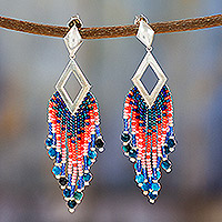 Achat-Wasserfall-Ohrringe, 'Azure Diamond' - Blaue Achat-Wasserfall-Ohrringe mit Glasperlen aus Mexiko
