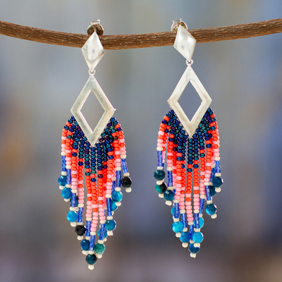 Agate waterfall earrings, 'Azure Diamond' - Glass Beaded Blue Agate Waterfall Earrings from Mexico
