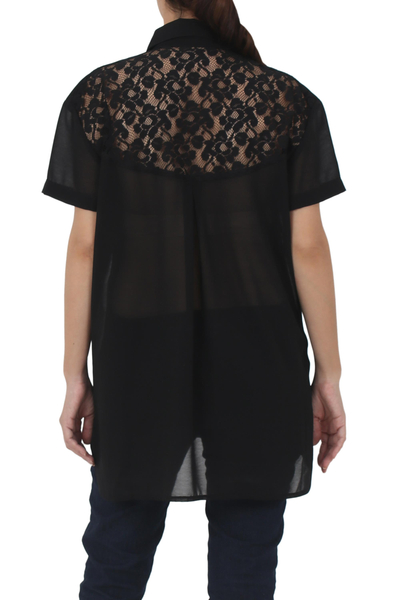 Lace yoke blouse, 'Gossamer Flowers in Black' - Polyester Black Floral Lace Cutout Blouse from Thailand