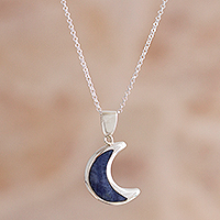 Sodalite pendant necklace, 'Waning Crescent Moon' - Peruvian Sodalite and Sterling Silver Moon Pendant Necklace