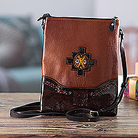 Leather sling bag, 'Andean Flair' - Brown Leather Sling Bag with Adjustable Strap & Wool Accent