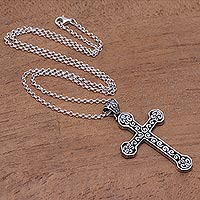 Sterling silver pendant necklace, 'Cross Curls' - Sterling Silver Cross Pendant Necklace from Bali