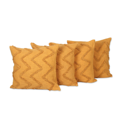 Embroidered cotton cushion covers, 'Marigold Path' (set of 4) - Embroidered Cushion Covers with Zigzag Motif (Set of 4)