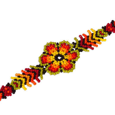 Glass beaded pendant bracelet, 'Verdant Fire' - Petite Glass Beaded Floral Pendant Bracelet from Mexico