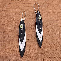 Bone and peridot dangle earrings, 'Majestic Canoes' - Black and White Bone and Peridot Dangle Earrings