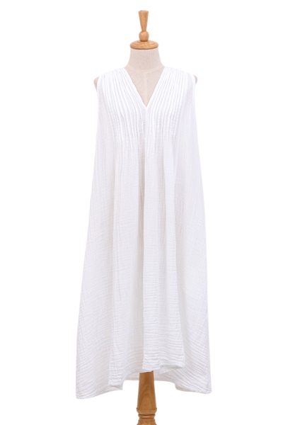 Vestido de algodón - Vestido de verano de gasa de algodón sin mangas en blanco de Tailandia