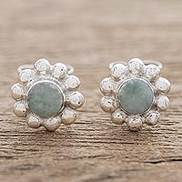 Jade stud earrings, 'Bubbly Flowers' - Bubble-Pattern Apple Green Jade Stud Earrings from Guatemala