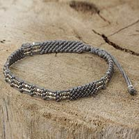 Silver beaded cord bracelet, 'Affinity in Gray' - Gray Cord and Silver 950 Bracelet Handmade in Thailand