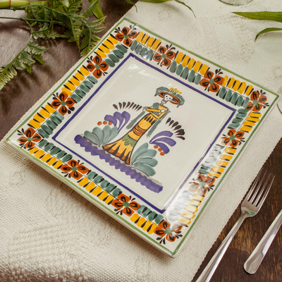 Majolica ceramic plate, 'Catrina' - Square Majolica Ceramic Plate Handmade in Mexico