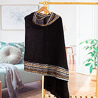 Baby alpaca blend shawl, 'Elegant Stripes' - Knit Baby Alpaca Blend Shawl in Black Honey & Grey from Peru