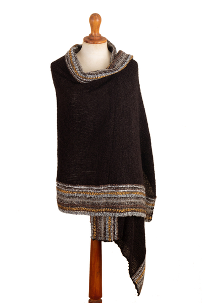 Baby alpaca blend shawl, 'Elegant Stripes' - Knit Baby Alpaca Blend Shawl in Black Honey & Grey from Peru