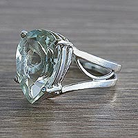 Prasiolite solitaire wrap ring, 'Spiritual Soul' - Pear-Shaped Prasiolite Ring