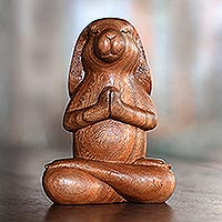 Wood sculpture, 'Praying Beagle in Brown' - Suar Wood Praying Beagle Sculpture from Bali