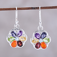 Multi-gemstone dangle earrings, 'Chakra Flowers' - Multi-Gemstone Chakra Dangle Earrings from India
