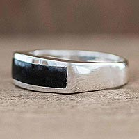 Men's jade inlay ring, 'Bravery in Black' - Men's Rectangular Inlay Black Jade Band Ring from Guatemala