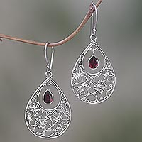 Garnet dangle earrings, 'Floral Days' - Floral Garnet Sterling Silver Dangle Earrings from Indonesia