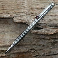 Sterling silver and garnet ballpoint pen, 'Silver Bubbles' - Handmade Sterling Silver Ballpoint Pen from Indonesia