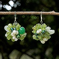 Pearl and peridot cluster earrings, 'Lime Sensation' - Peridot and Pearl Beaded Earrings