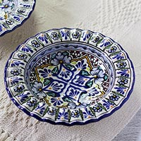 Cuencos de cerámica, 'Floral Duchess' (par) - 2 Cuencos Estilo Talavera Azul Floral Hechos a Mano en México