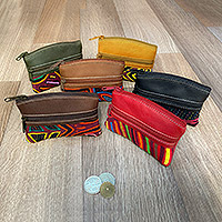 Embroidered leather coin purse, 'Jungle Wealth' - Handcrafted Assorted Mola-Themed Leather Coin Purse