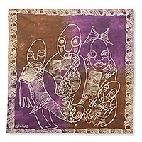 Batik-Wandbehang, „Rites of Passage“ – brauner und lila Batik auf ghanaischer Wandbehang aus Baumwolle