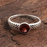 Garnet solitaire ring, 'Royal Round' - Faceted Garnet Solitaire Ring from India