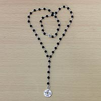 Onyx Y necklace, 'Good Fortune' - Onyx and Sterling Silver Chinese Coin Y Necklace