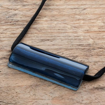 Recycled glass pendant necklace, 'Crystalline Deep Blue' - Dark Blue Recycled Glass Pendant Necklace from Costa Rica