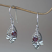 Garnet dangle earrings, 'Kintamani Dragonfly in Crimson' - Silver Dragonfly Earrings with 1 Carat Garnet Accents