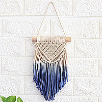 Cotton wall hanging, 'Blue Waterfall' - Handcrafted Blue Cotton Wall Hanging with Pine Wood Rod