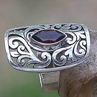 Garnet cocktail ring, 'Nature's Shield' - 925 Leaves on Sterling Silver Cocktail Ring with Garnet