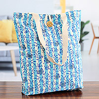 Block-printed cotton tote bag, 'Cyan Vines' - Leafy Block-Printed Cotton Tote Bag in Cyan and Turquoise