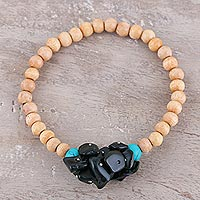 Agate and wood beaded stretch bracelet, 'Natural Mystery in Hunter' - Dark Green Agate and Wood Beaded Bracelet from India