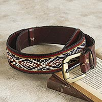 Wool-accented leather belt, 'Inca Ancestors' - Hand Loomed Wool Accent Leather Belt