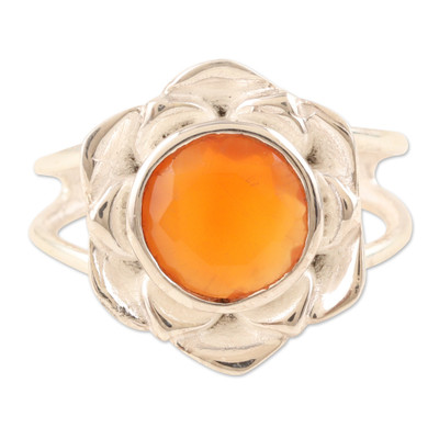 Carnelian cocktail ring, 'Evening Lotus' - Faceted Two-Carat Carnelian Lotus Cocktail Ring from India