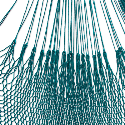 Cotton rope hammock, 'Uxmal Peacock' (double) - Teal Cotton Rope Hammock (Double)