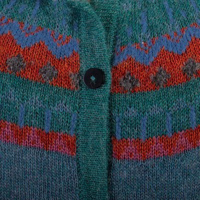 Cárdigan 100% alpaca - Cárdigan de punto 100% lana de alpaca verde azulado con motivos geométricos