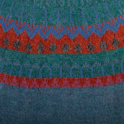 Strickjacke aus 100 % Alpaka, „Teal Tempest“ – Strickjacke aus 100 % Alpakawolle in Blaugrün mit geometrischen Motiven