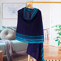 Baby alpaca blend shawl, 'Impressive Stripes' - Knit Baby Alpaca Blend Striped Shawl in Blue and Cyan