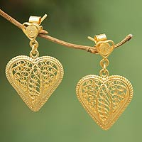 Gold plated filigree dangle earrings, 'Lace Sweetheart' - Artisan Crafted Heart Shaped Gold Filigree Earrings
