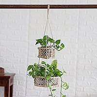 Cotton hanging planter, 'Jungle Baskets' - Handcrafted Ivory Cotton Hanging Planter from India