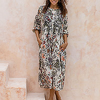 Embroidered cotton shirtdress, 'Antique Rose' - Long-Sleeved Embroidered Cotton Shirtdress with Floral Print