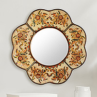 Reverse painted glass mirror, 'Iridescent Cajamarca Blossom' - Hand Made Reverse Painted Glass Mirror from Peru
