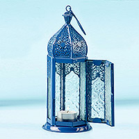 Aluminum and glass hanging candle holder, 'Bazaar Blue' (medium) - Blue Hanging Lantern with Decorative Glass from India