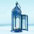 Aluminum and glass hanging candle holder, 'Bazaar Blue' (medium) - Blue Hanging Lantern with Decorative Glass from India