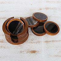 Agate and wood coasters, 'Black Mirrors' (set for 6) - Black Agate and Natural Wood Coasters and Holder (Set for 6)